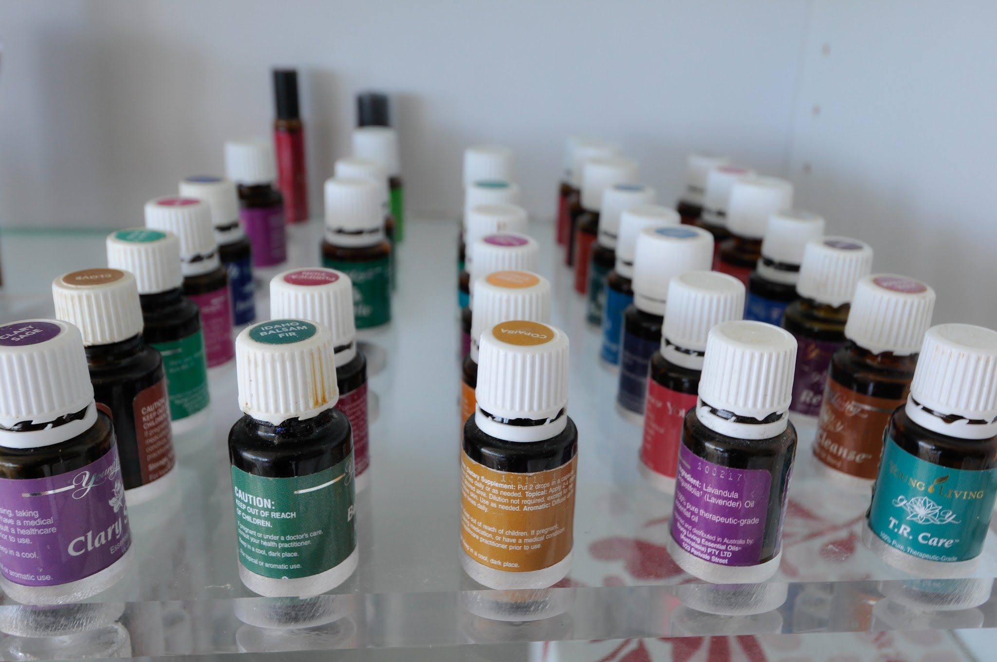 Young Living essential oils on a display stand