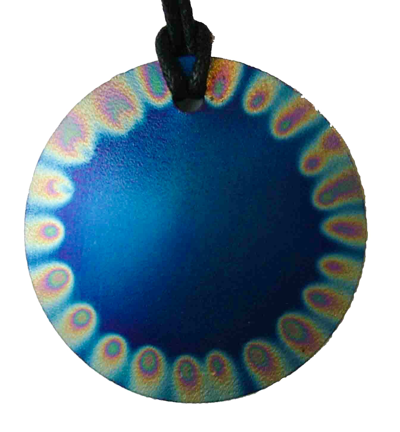 A blue Tesla personal pendant on its waxed cotton cord